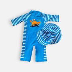 JOJO MAMAN BEBE Blue Swim Cap & Uv Swimsuit - 6 months/12 months