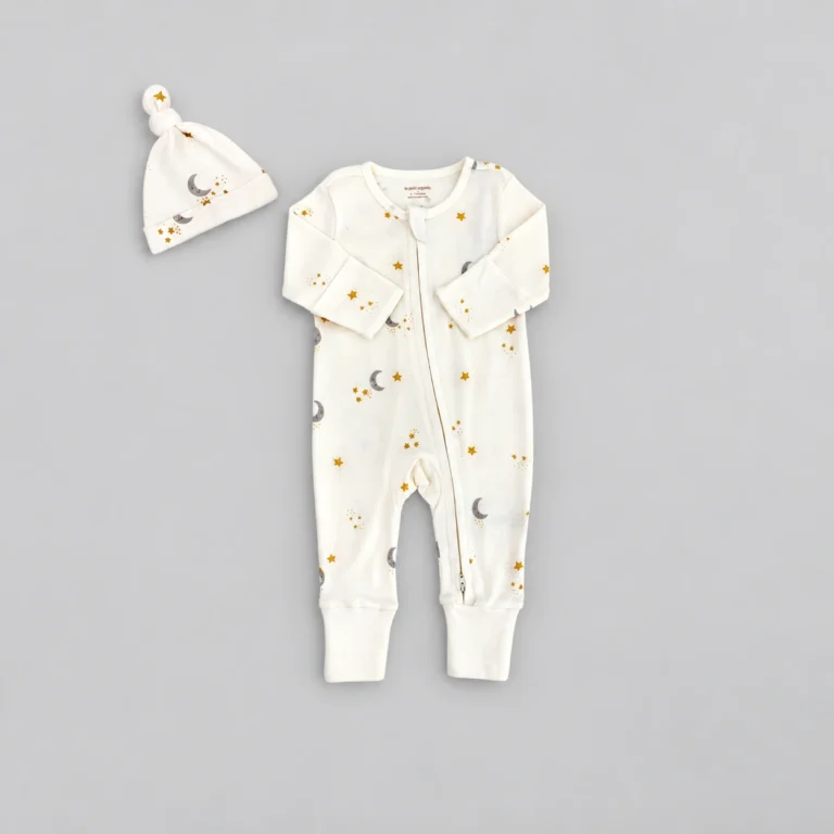 Le Petit Society ivory zip sleepsuit and matching hat with moon and star print, size 1 to 3 months