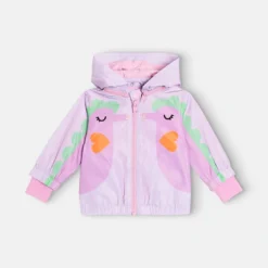 Stella McCartney lilac hooded jacket with colourful bird print, size 2 years, front view
