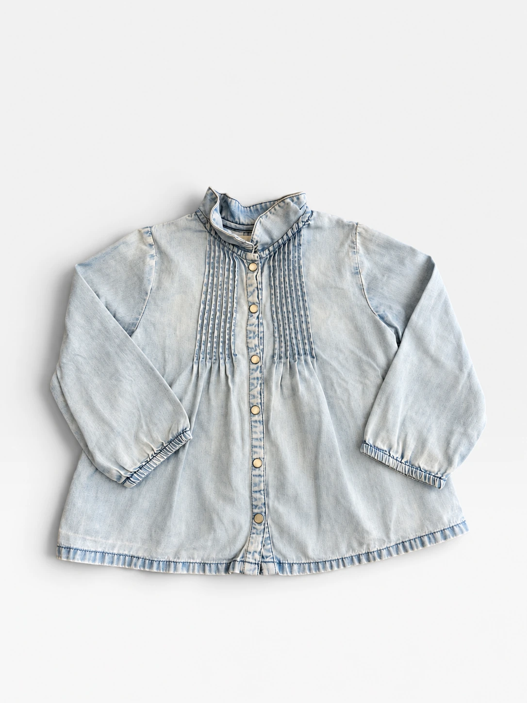 Boutchou pale blue washed denim blouse with pintucked bib, size 2 years