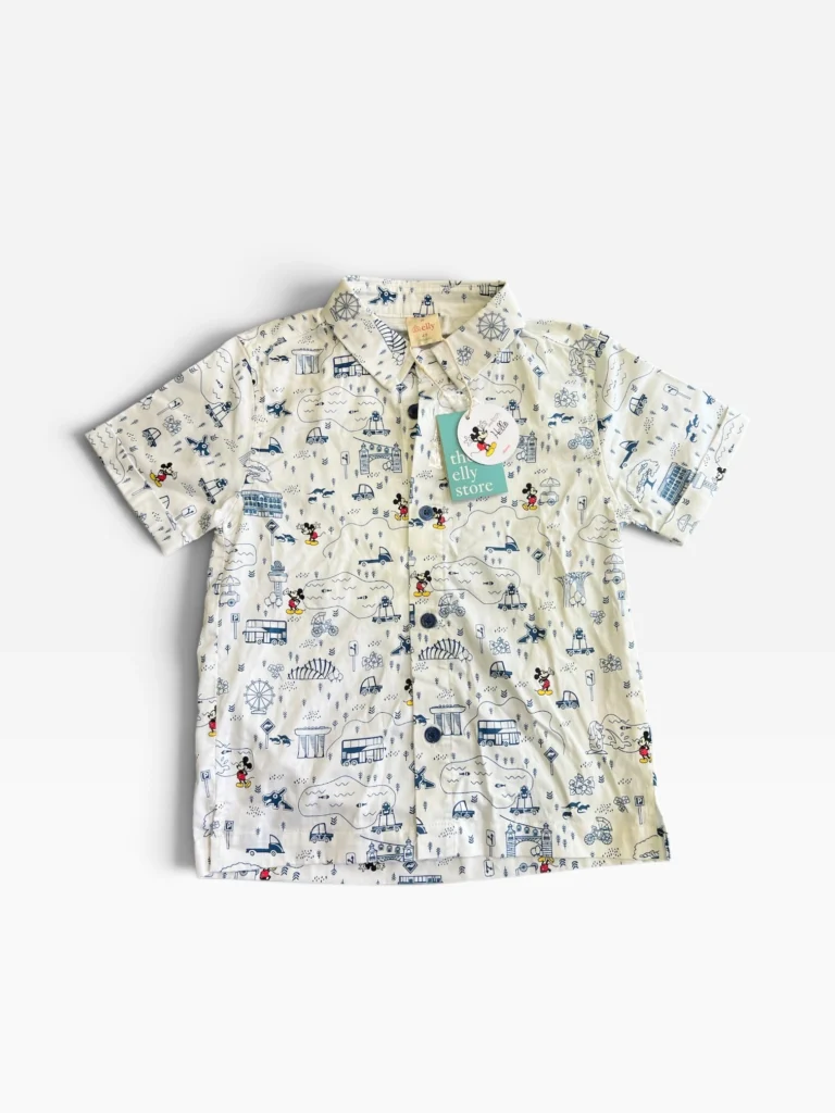 Disney x The Elly Store cream short sleeve shirt with Singapore landmark and Mickey Mouse print, size 4 years