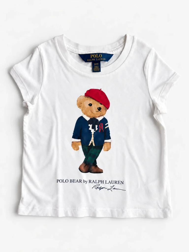 Front view of the white Ralph Lauren Polo Bear T-shirt, size 2 years