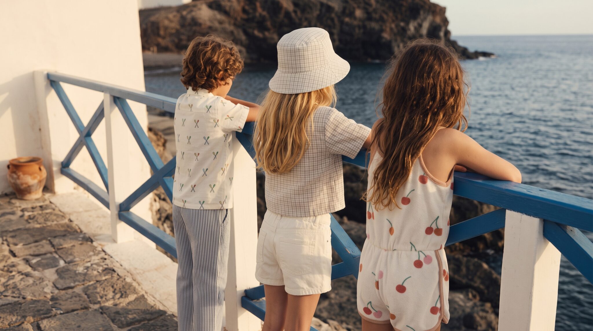 Three children looking out at the ocean wearing premium preloved kids clothing from Viktor & Sasha, featuring an oar-print shirt, a gingham bucket hat, and a cherry-print romper